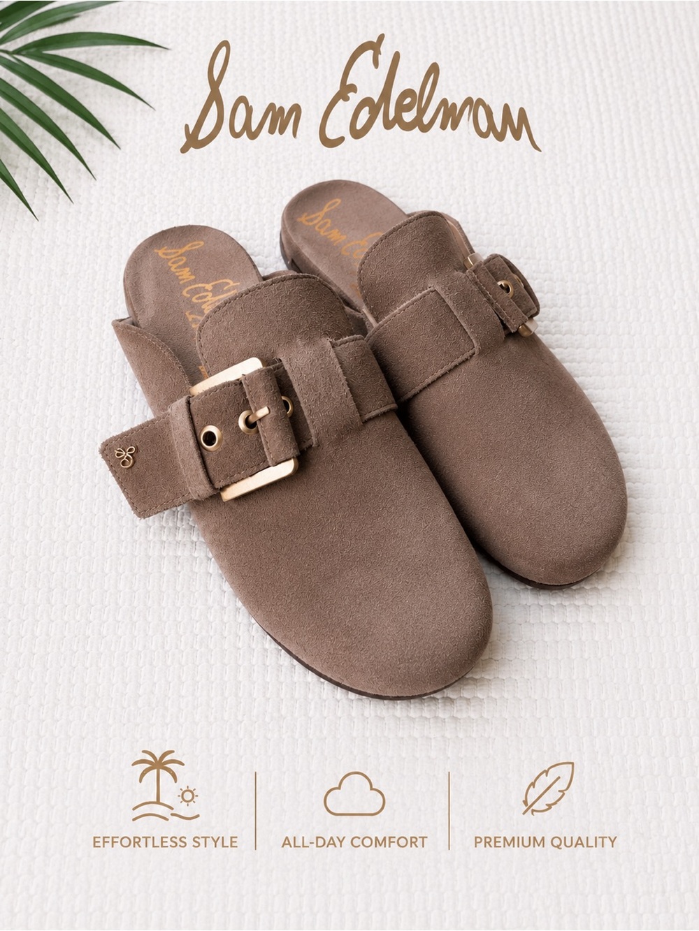Sam Edelman Taupe Suede Buckle Clog Mule Slides Sz 6.5 Quiet Luxury